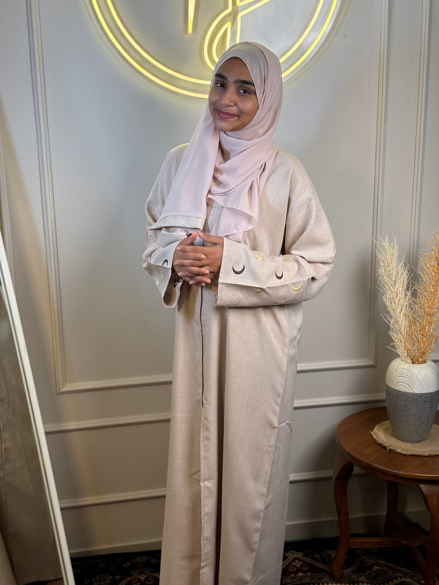 Dubai Imported Linen Abaya with Embroidered Sleeves & Matching Shawl – Nude Beige