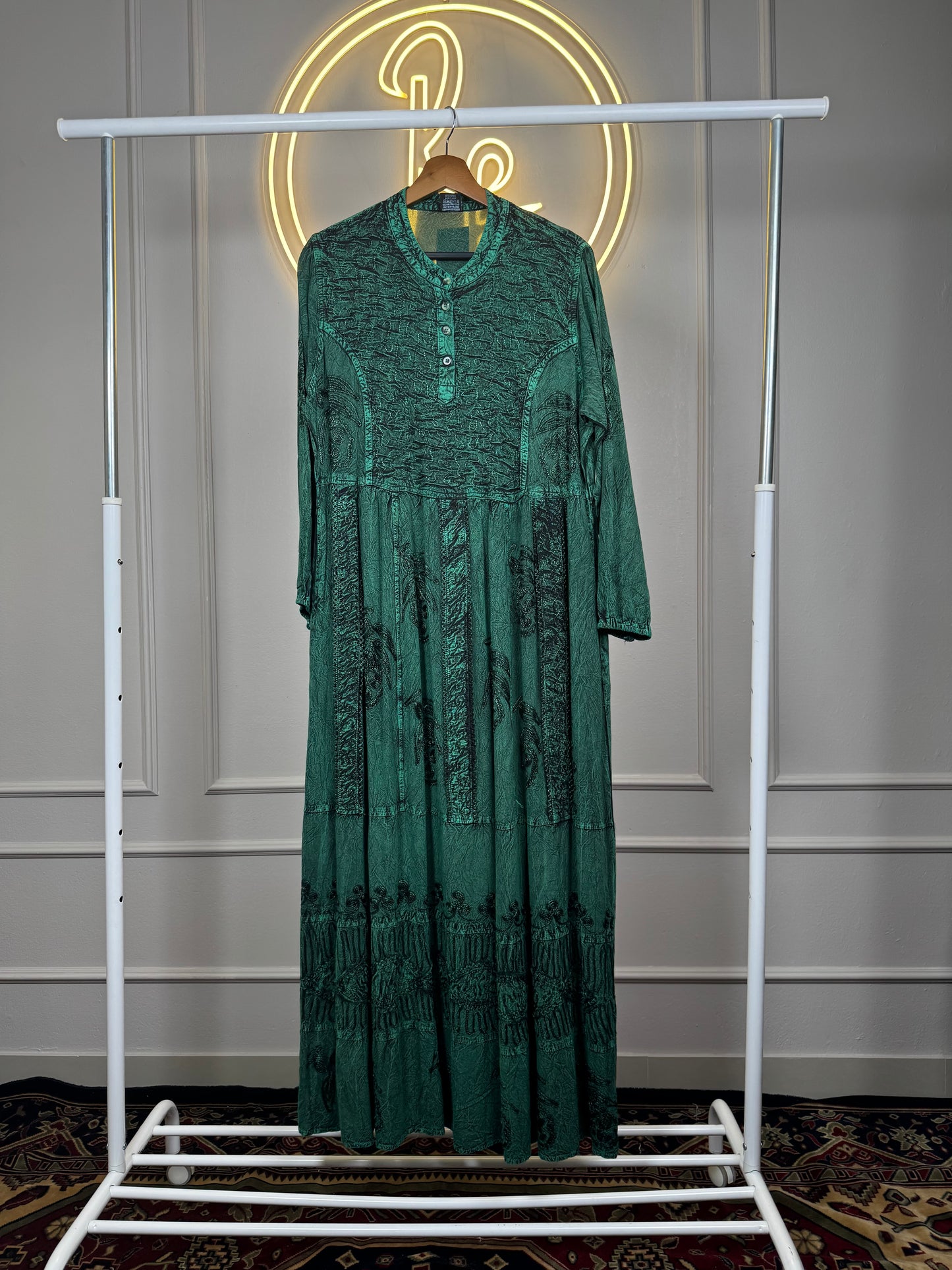 Women’s Stone Wash Embroidered Maxi Dress with Balloon Sleeves – 54 Inch Long Modest Dress Fit Up to XL