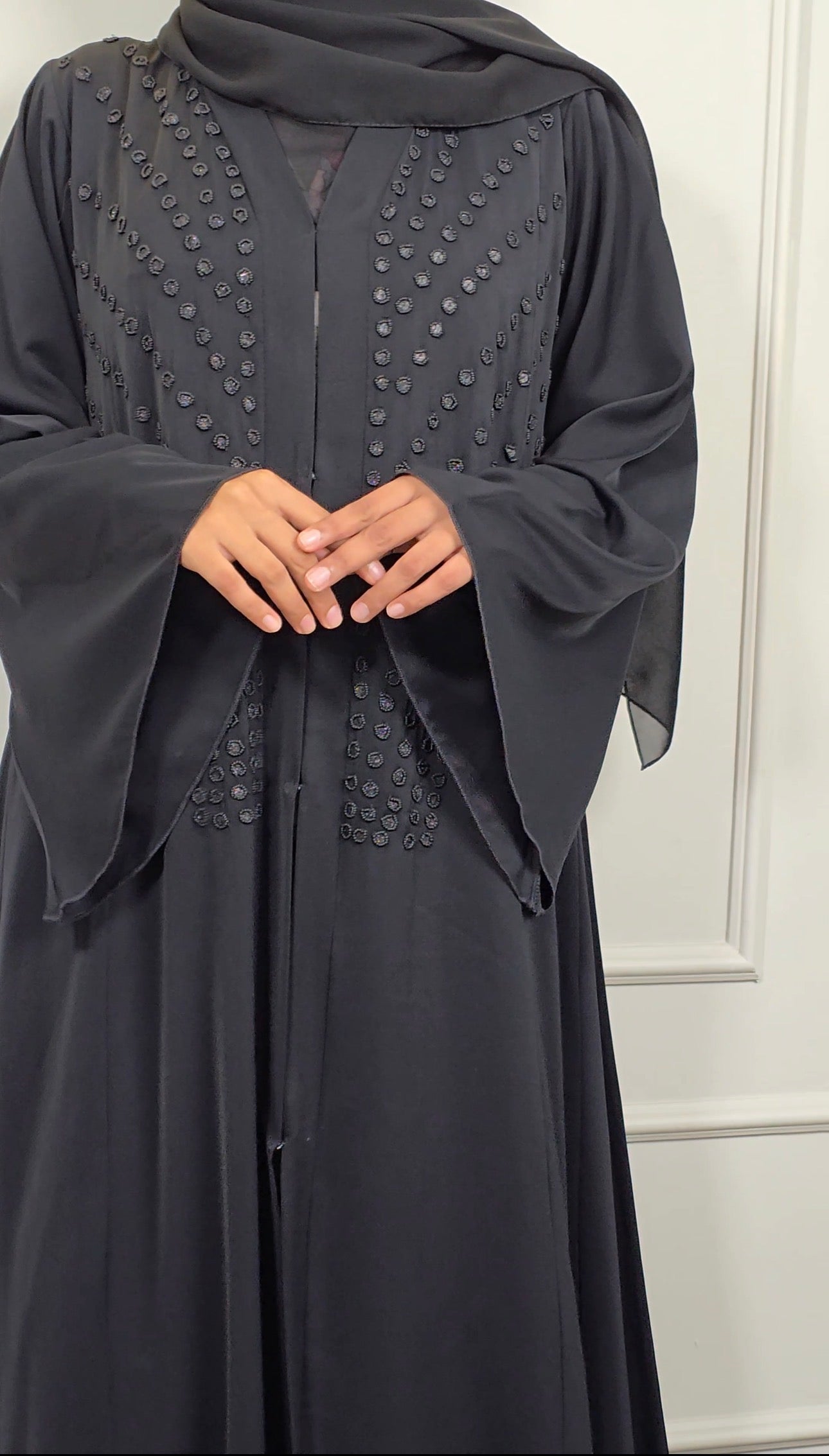 Dubai Imported Premium Nida Abaya glimmers with hand-worked round sequins and sugar-bead detailing