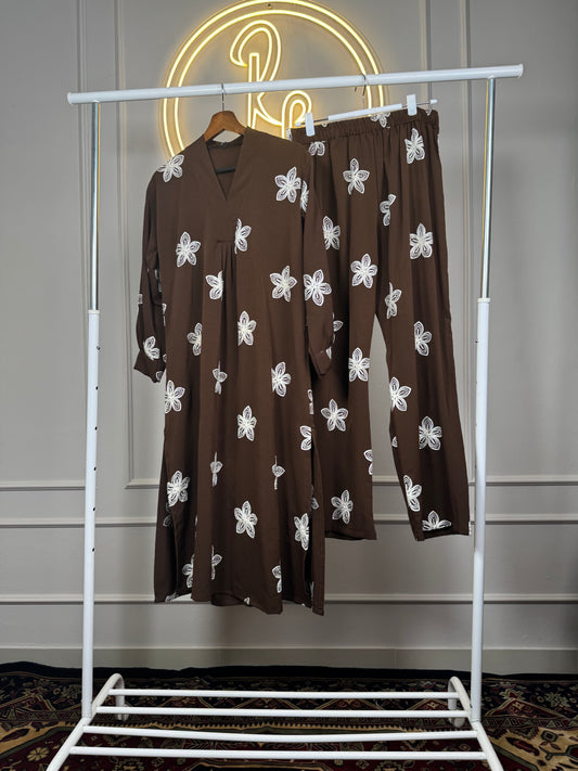 Women’s Floral Embroidered Cord Set in Imported Crepe Fabric – 45 Inch Long Top with Matching Pants Fit Up to XXL
