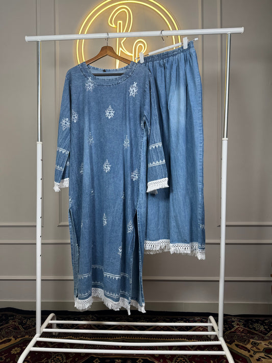 Women’s Embroidered Denim Cord Set with Tassel Detailing – 46 Inch Long Top with Matching Pants Fit Up to XL