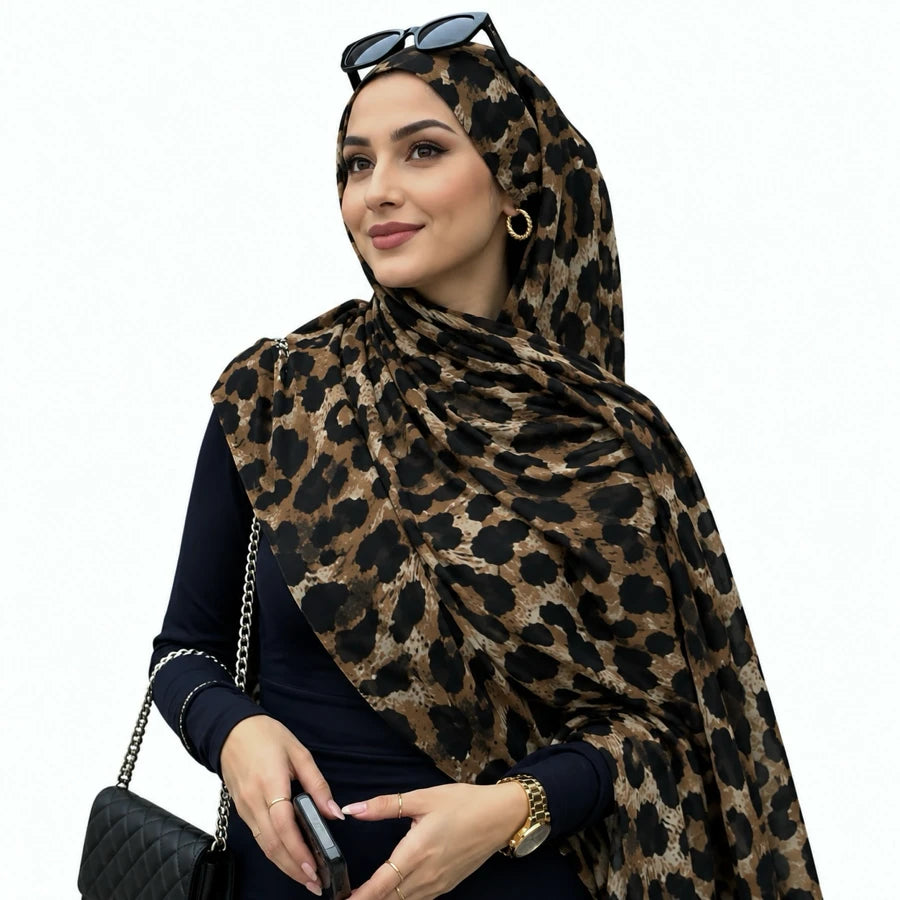 Wild Mocha double sided animal print chiffon hijab – large leopard print hijab scarf 200 x 70 cm | RF Abayas