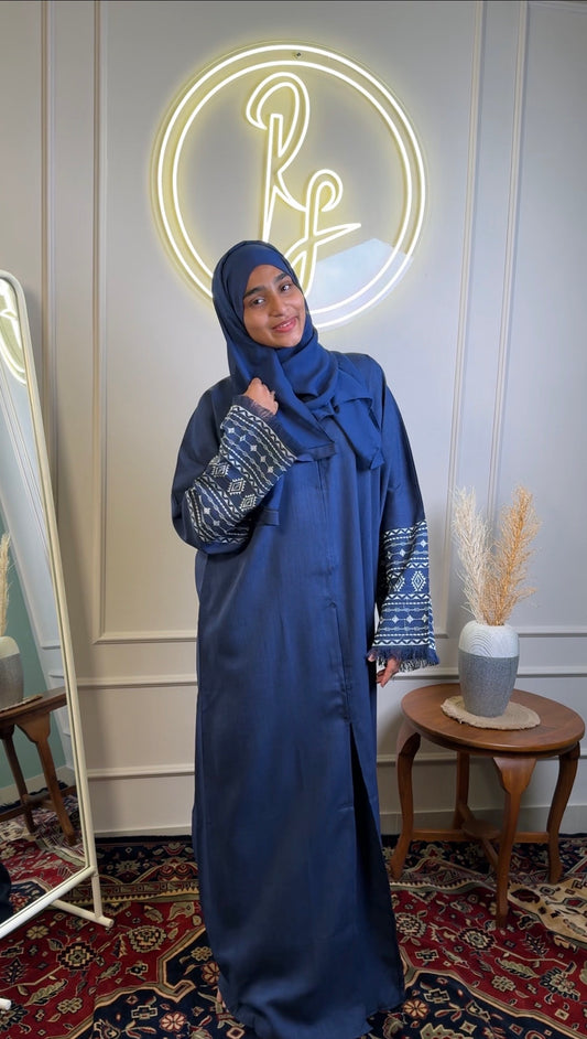 Dubai Imported Linen Abaya with Embroidered Sleeves - Navy Blue