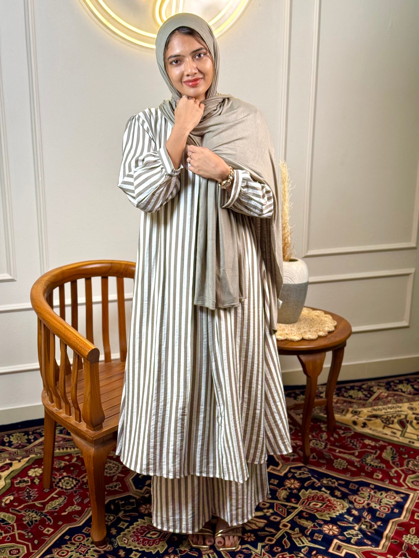 Women’s Striped Cotton Co-Ord Set Imported Cotton Top & Pants Set with Balloon Sleeves, Fit Up to XL - Cord Set - RF Abayas
