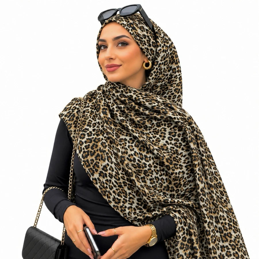 Ivory Mini Leopard double sided animal print chiffon hijab – mini leopard print hijab scarf 200 x 70 cm | RF Abayas