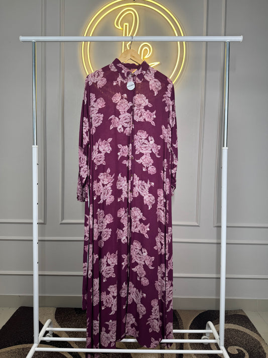 Magenta Floral Rayon Maxi Dress – 56” Length | XL Size | Smocked Sleeves