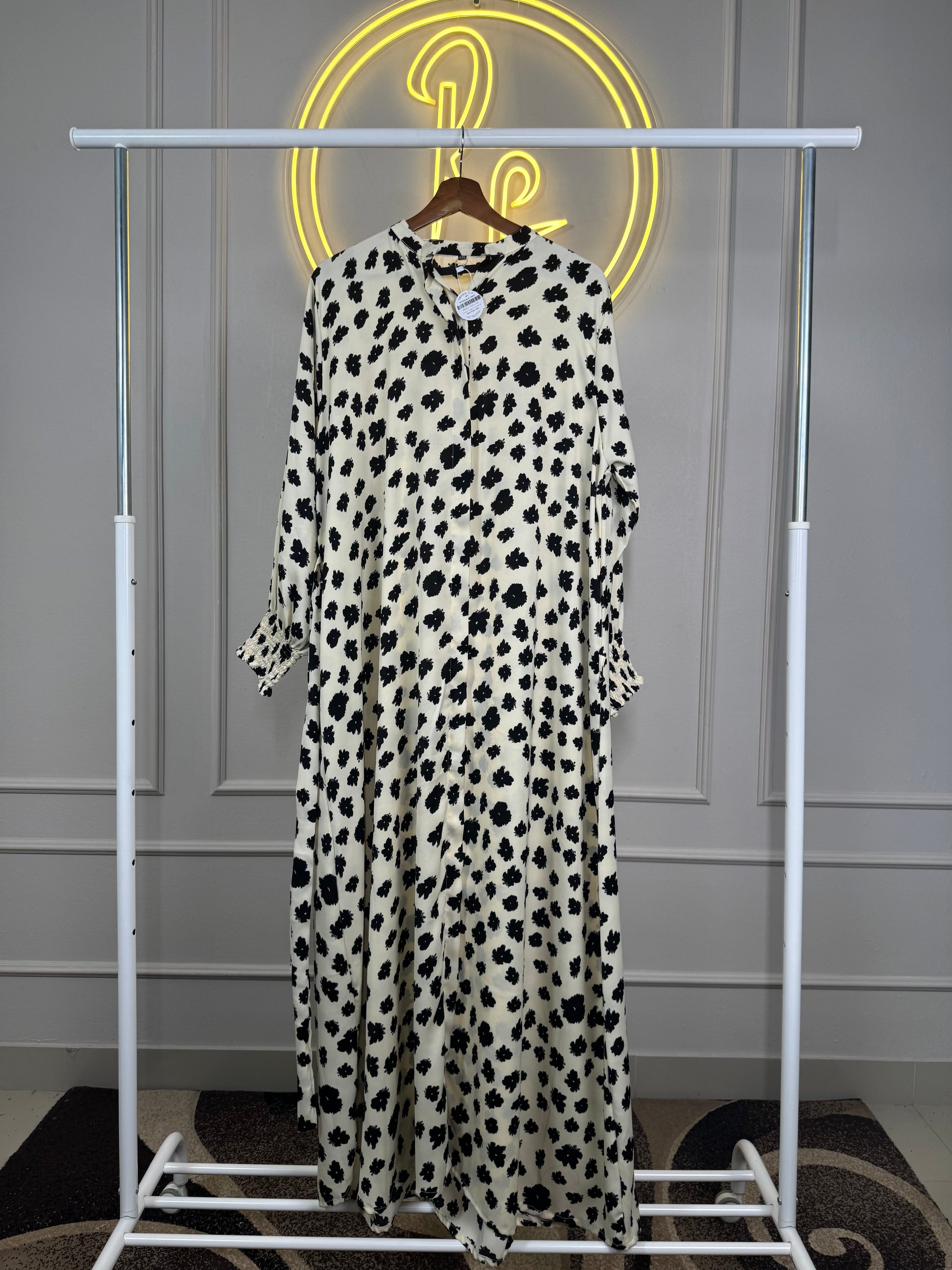 Monochrome Floral Printed Maxi Dress – 56” Length | 4XL & 5XL Sizes - Maxi Dress - RF Abayas