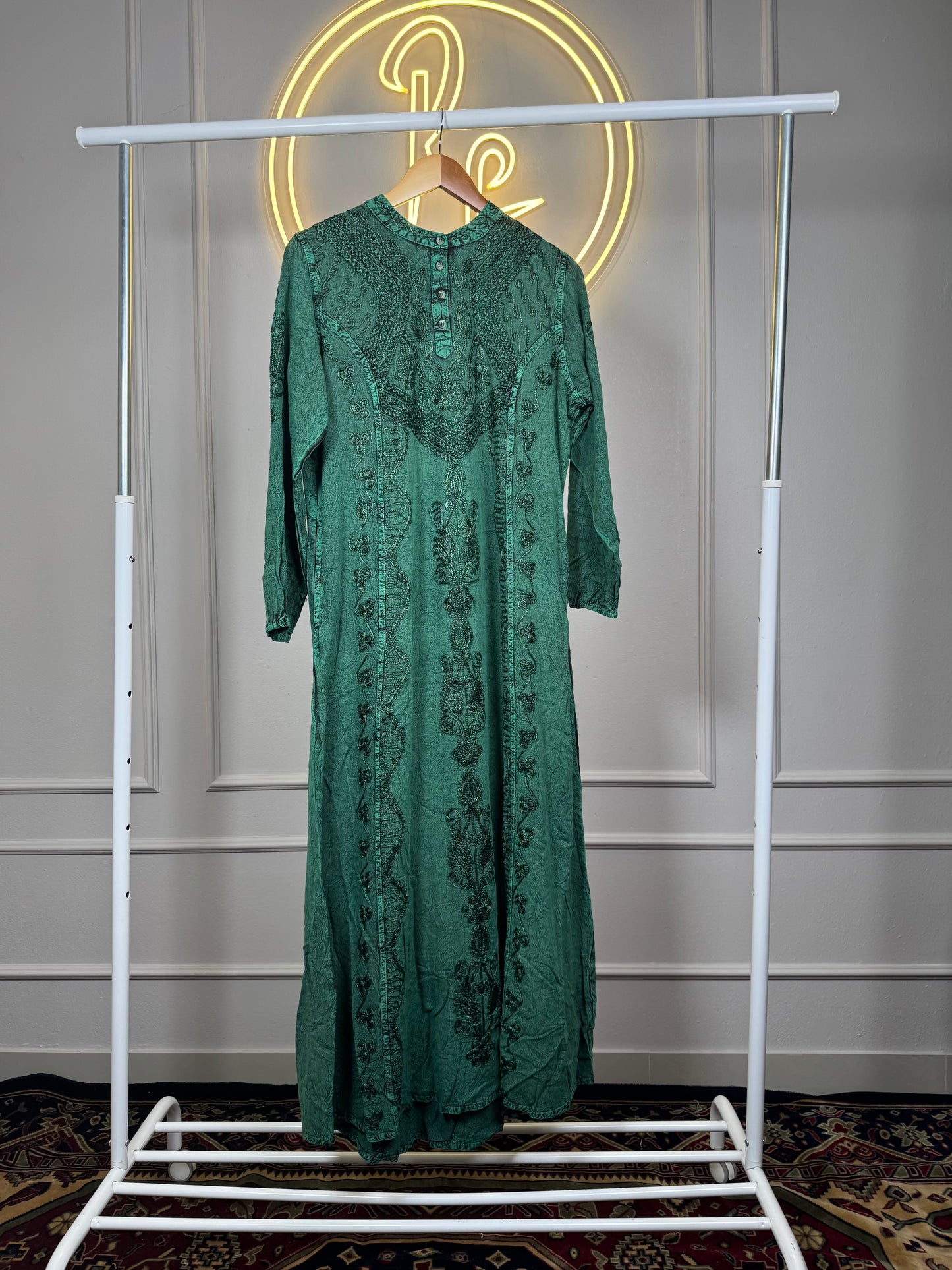 Women’s Stone Wash Velvet Maxi Dress with Machine Embroidery & Balloon Sleeves – 52 Inch, Fits up to XXL