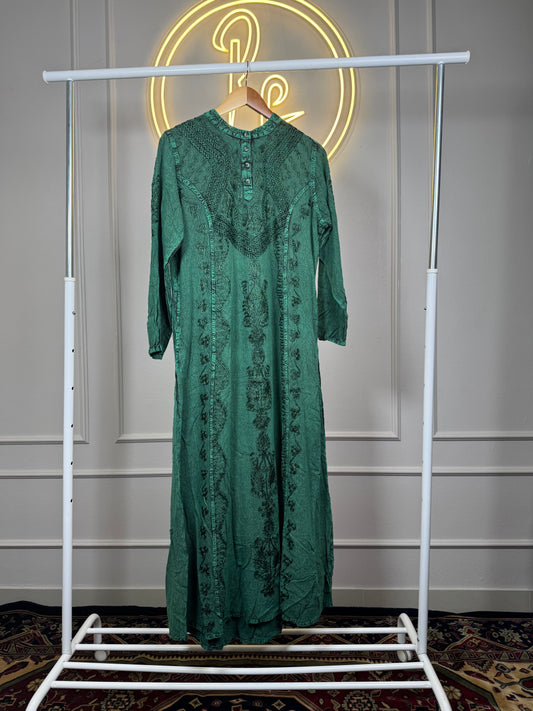Women’s Stone Wash Velvet Maxi Dress with Machine Embroidery & Balloon Sleeves – 52 Inch, Fits up to XXL