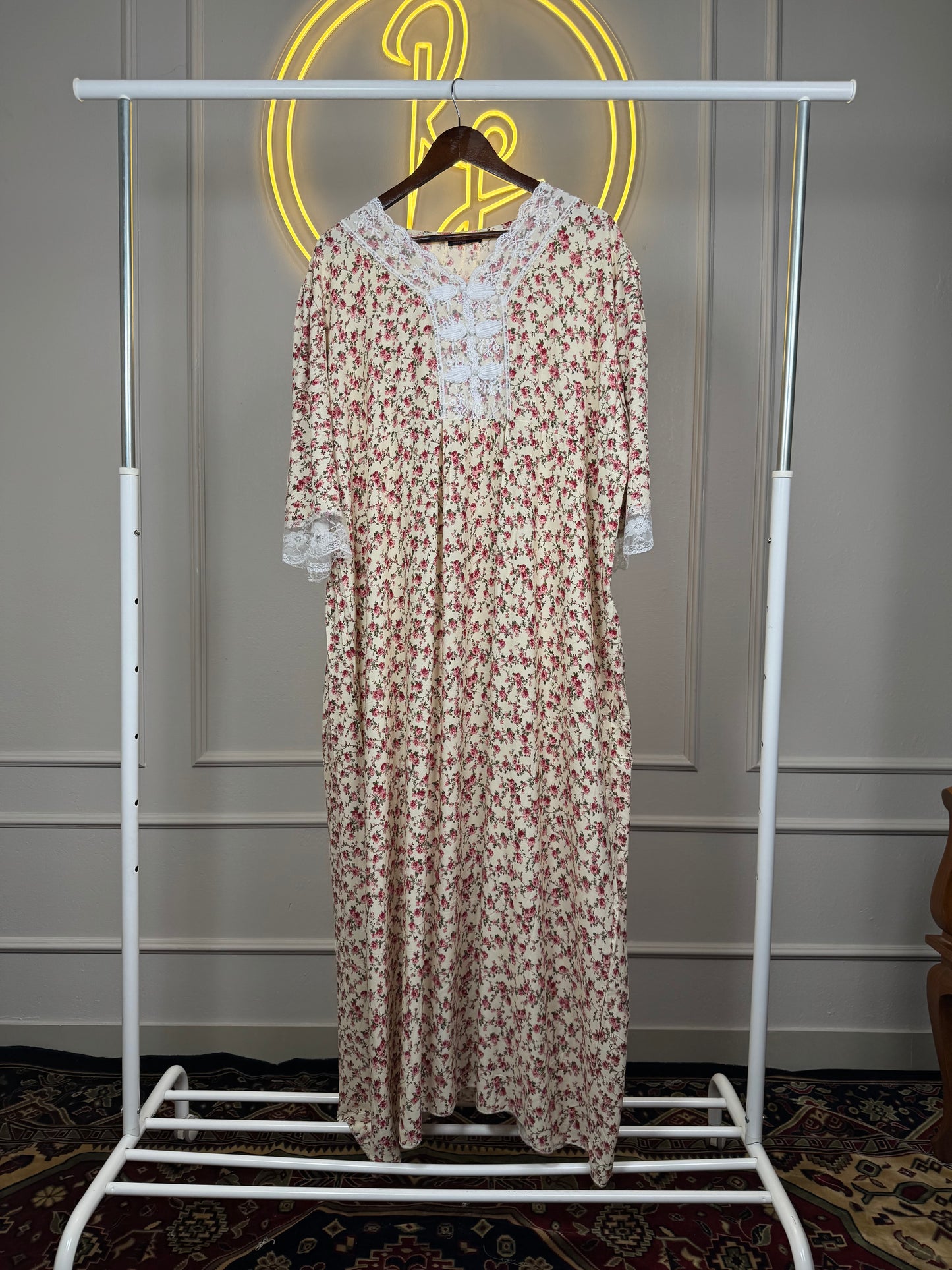 Women’s Floral Print Dubai Maxi Dress with Lace Detailing – 53 Inch Long Modest Rayon Maxi Fit Up to 5XL