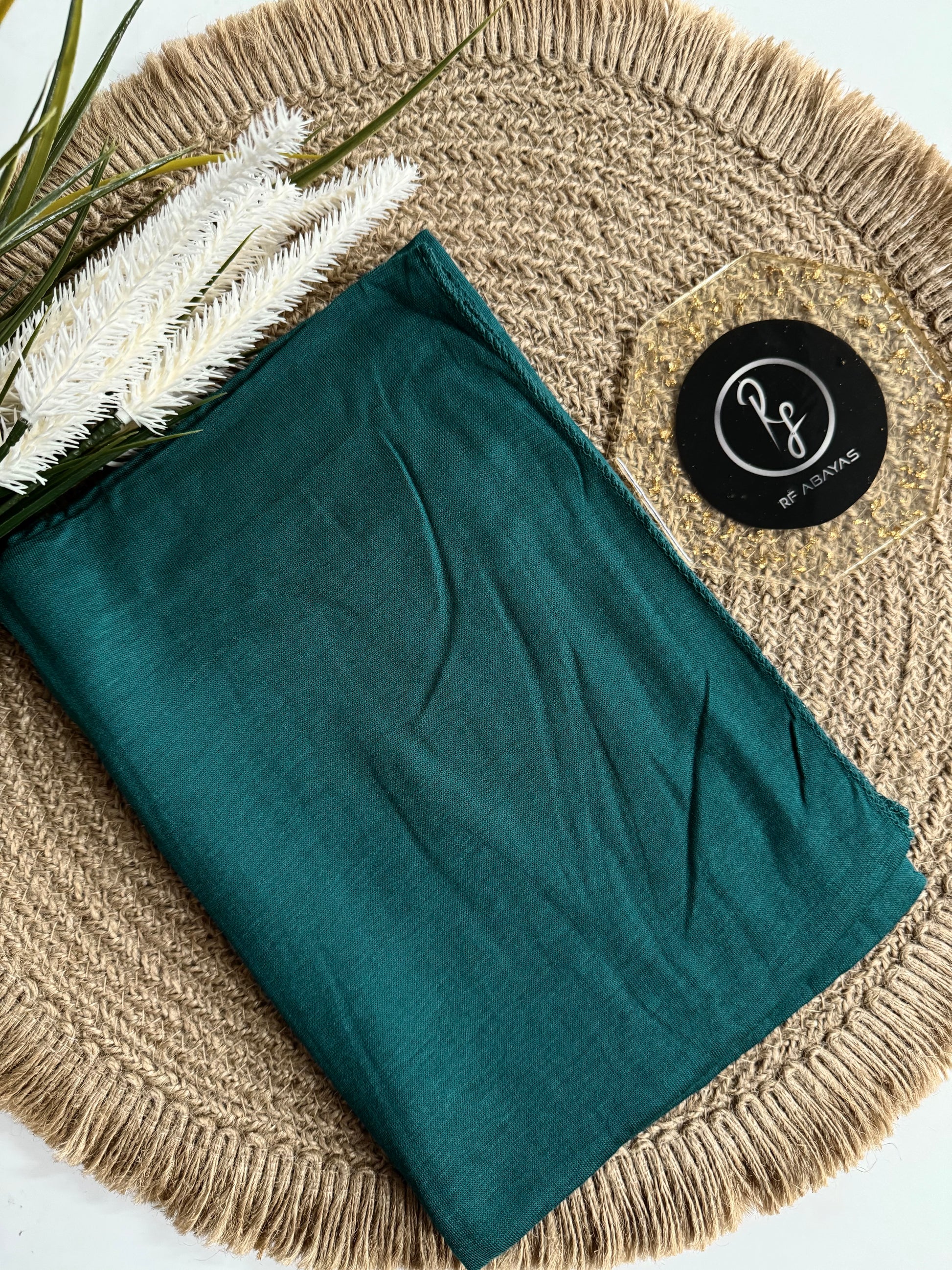 RF Abayas bamboo jersey hijab in a soft, neutral color, showcasing the lightweight, breathable fabric and elegant drape.