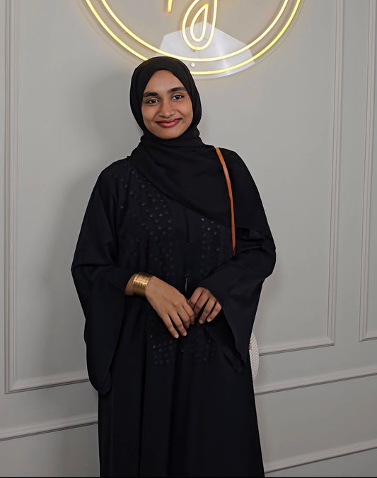 Dubai Imported Premium Nida Abaya glimmers with hand-worked round sequins and sugar-bead detailing