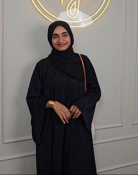 Dubai Imported Premium Nida Abaya glimmers with hand-worked round sequins and sugar-bead detailing