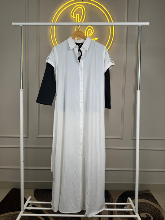 ✨ White Maxi Dress with Black Ribbed Inner – XL | 56” Length | Modest & Elegant