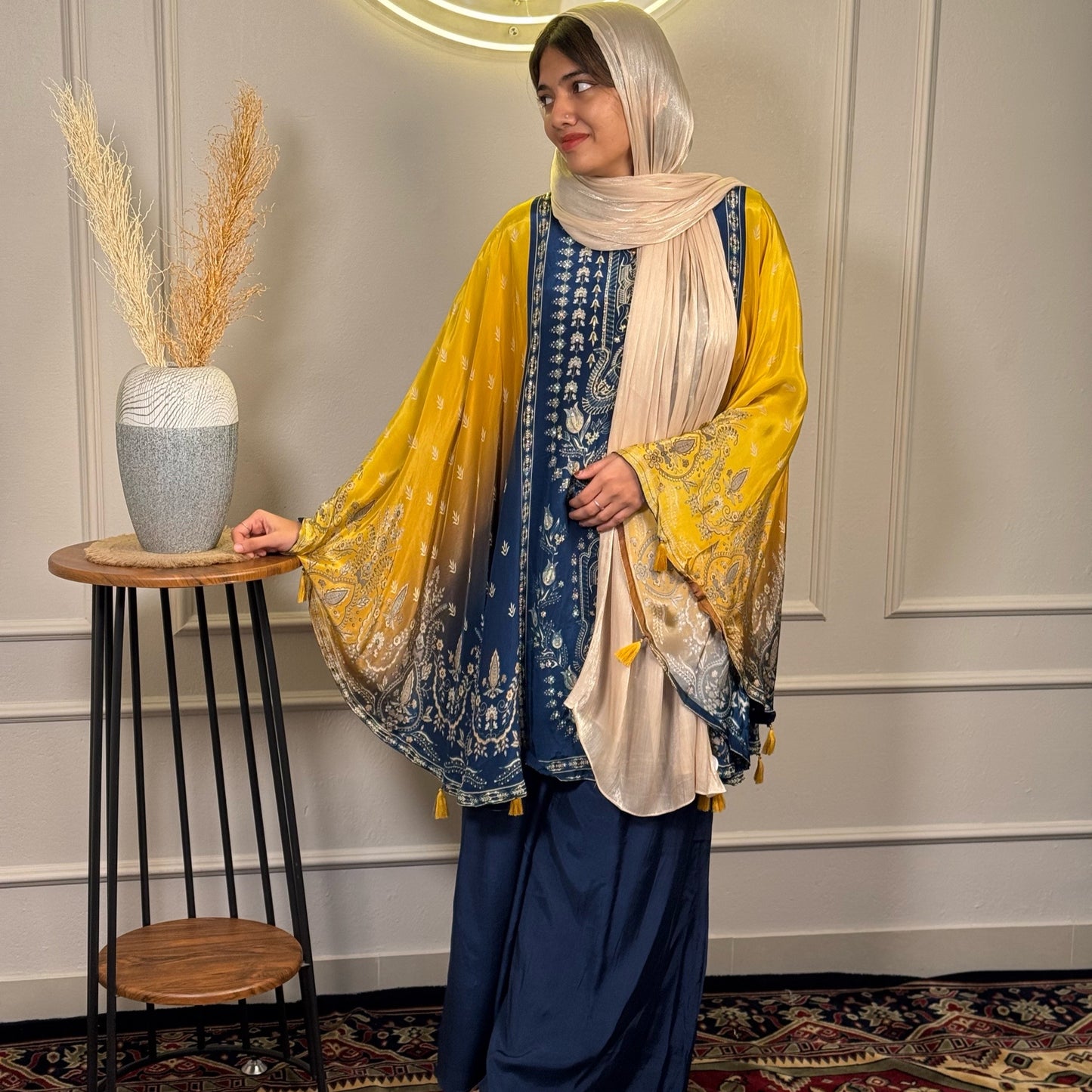 Navy Blue & Mustard Printed Crepe Party Wear Tunic & Palazzo Set