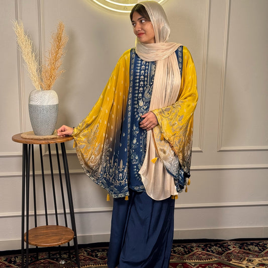 Navy Blue & Mustard Printed Crepe Party Wear Tunic & Palazzo Set