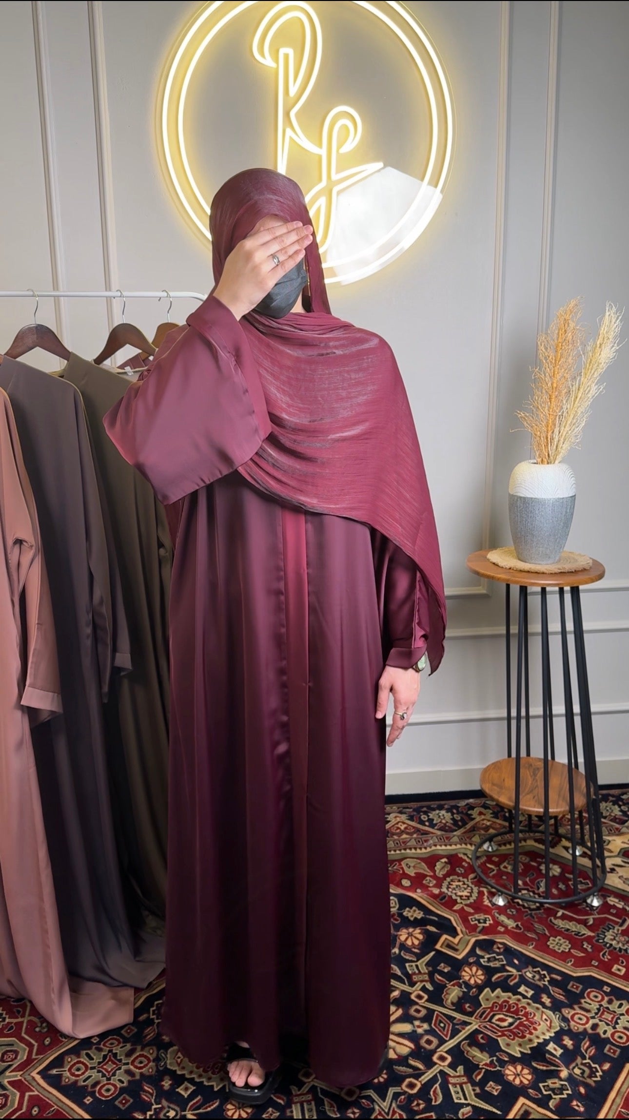 Imported TikTok Abaya with Matching Organza Shimmer Hijab - Wine Red
