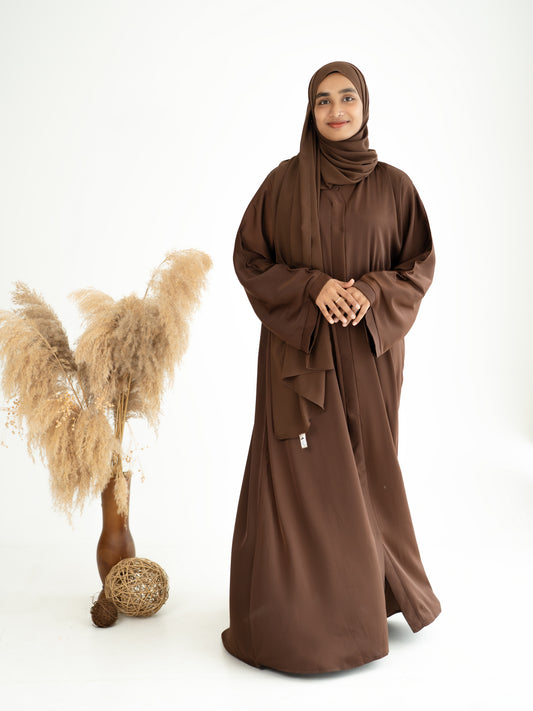 Women’s Imported TikTok Abaya in Milk Chocolate Brown – Flowy Summer Friendly Modest Wear Abaya Available in Sizes 50-60