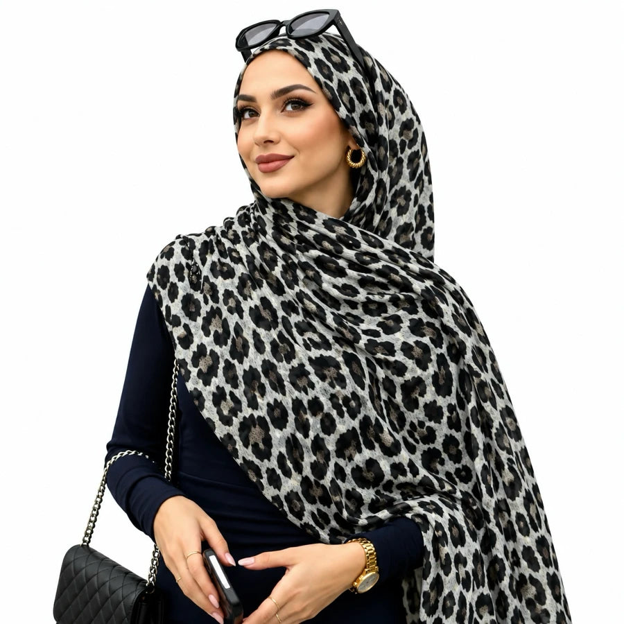 Silver Grey Leopard double sided animal print chiffon hijab – grey leopard print hijab scarf 200 x 70 cm | RF Abayas