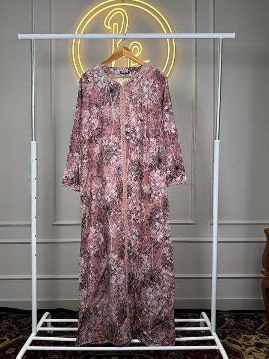 Women’s Printed Dubai Maxi Dress with Lace Detailing – 56 Inch Long Modest Rayon Maxi Fit Up to XL