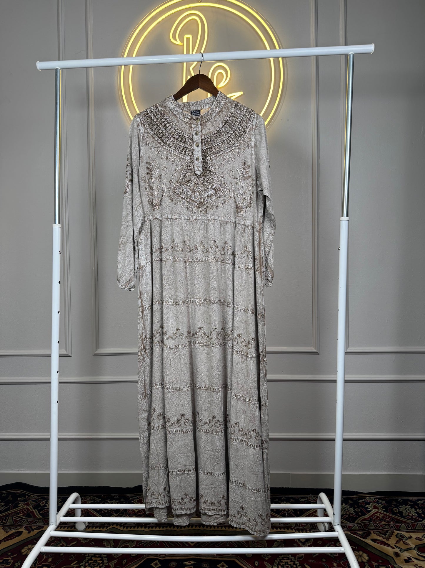 Women’s Stone Wash Maxi Dress with Velvet Patch Embroidery – Latte Brown | 54 Inch Modest Balloon Sleeve Dress