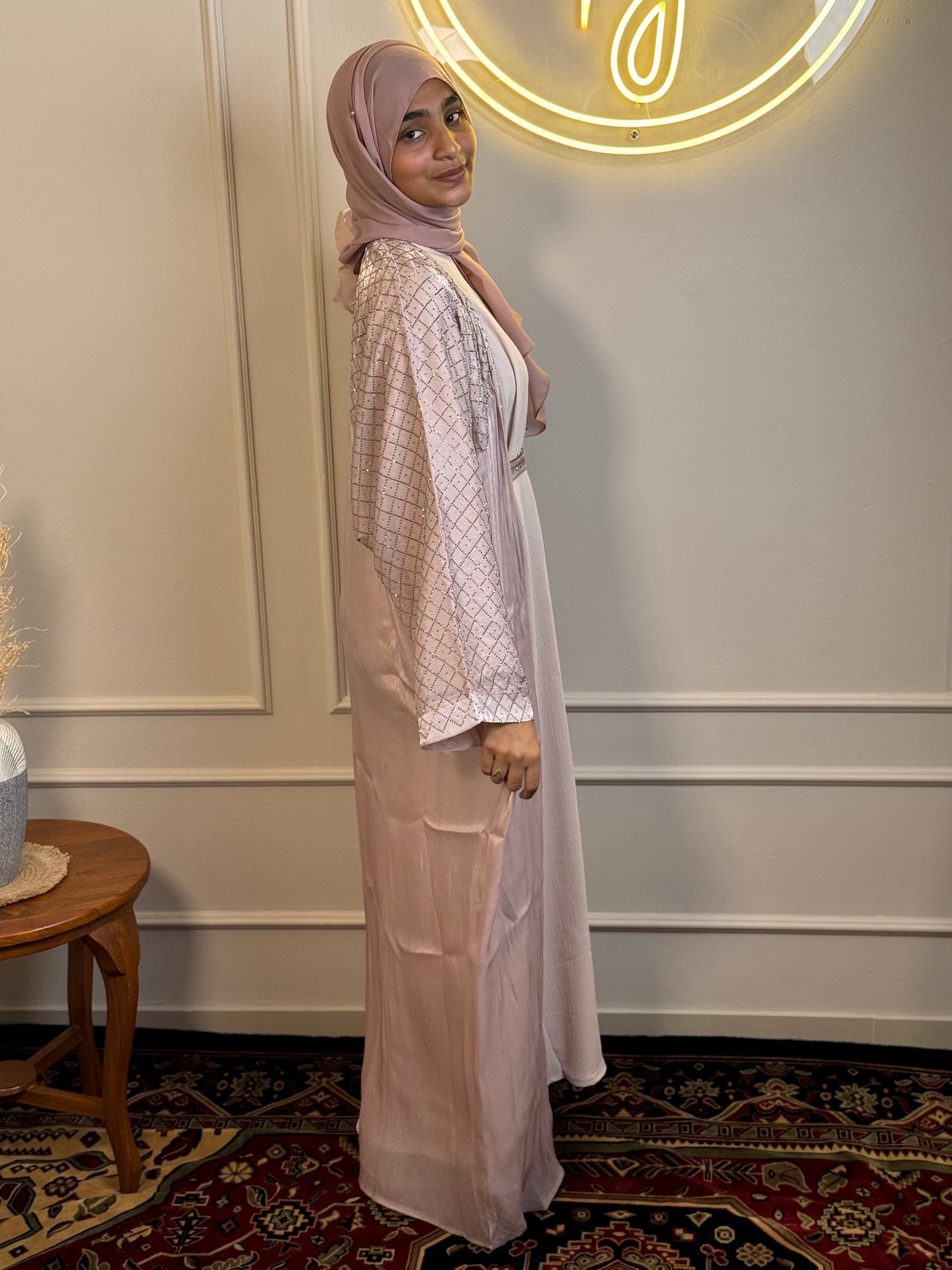 Organza Shimmer Abaya with CEY Inner & Matching Shawl – Blush Nude