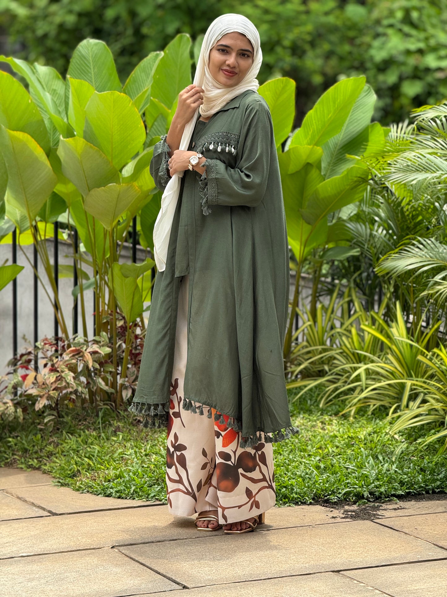 Bohemian Tassel Cord Set with Overcoat – Sage Green