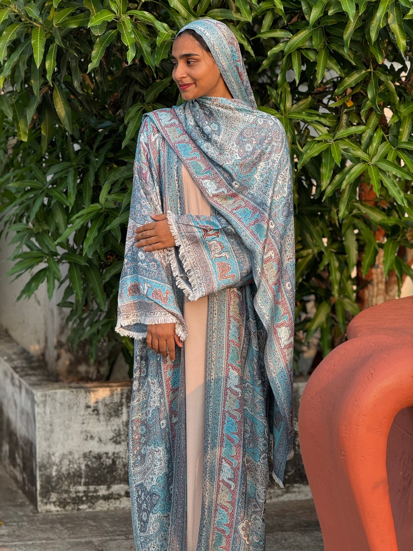 Pashmina Printed Abaya Set with Shrug & Shawl - Blue