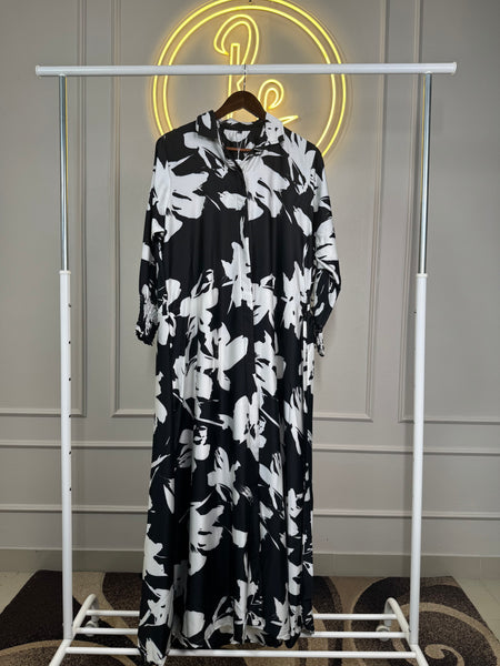 Satin Black Floral Maxi Dress - 56” Length - 2 XL