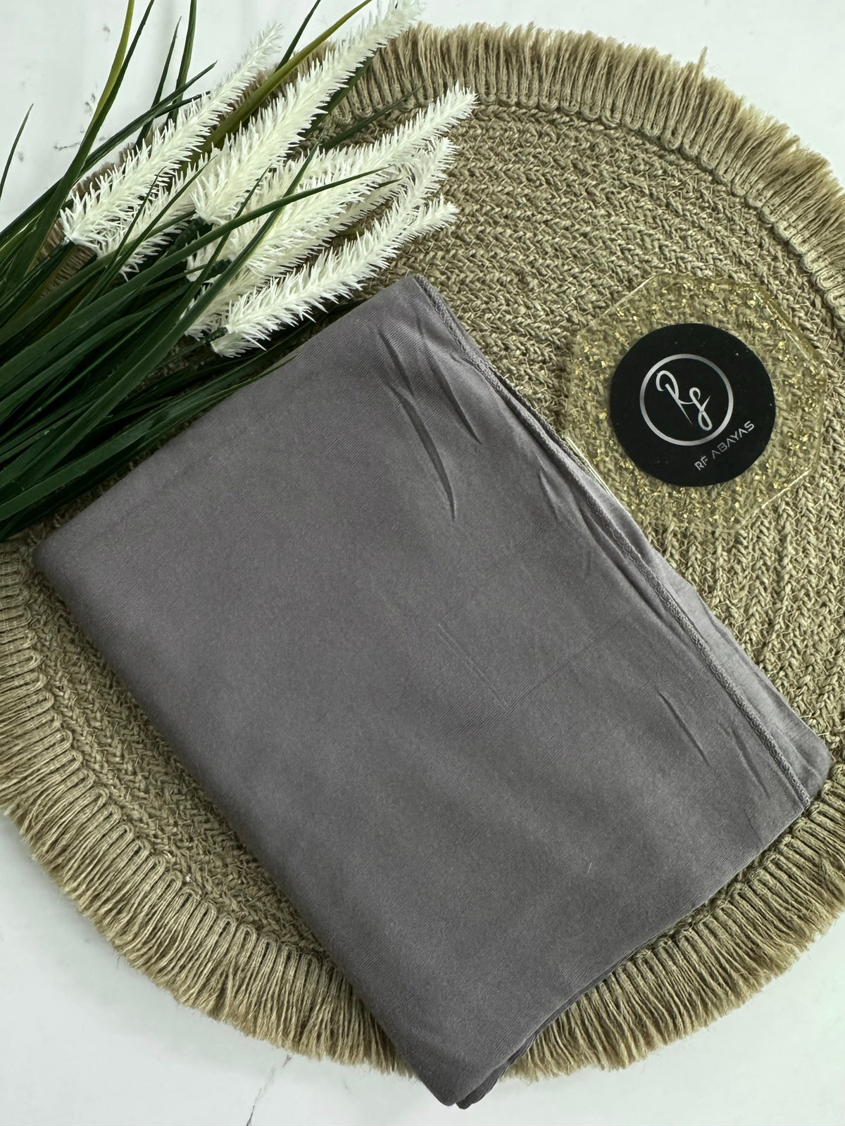 RF Abayas bamboo jersey hijab in soft, breathable fabric, showcasing a stylish, lightweight head covering in neutral tones.