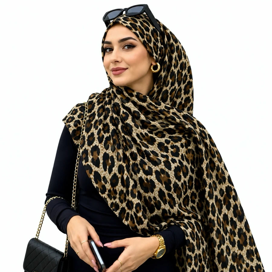 Classic Leopard double sided animal print chiffon hijab – large leopard print hijab scarf 200 x 70 cm | RF Abayas