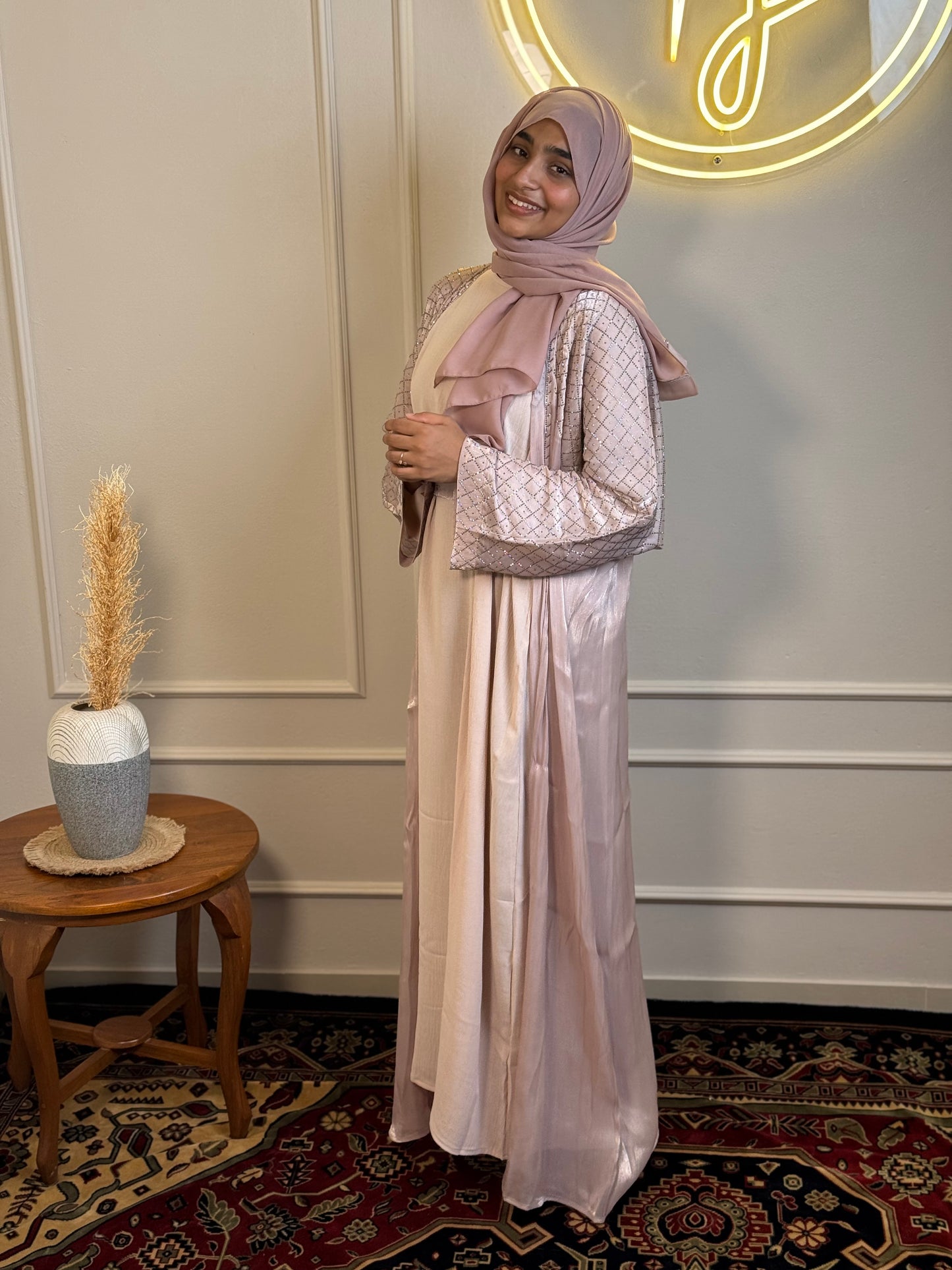 Organza Shimmer Abaya with CEY Inner & Matching Shawl – Blush Nude