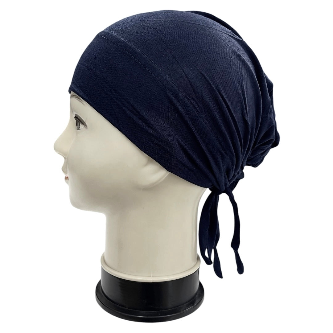 Malaysian tying hijab under cap by RF Abayas, soft fabric, full coverage, designed for comfortable Muslim modest fashion.