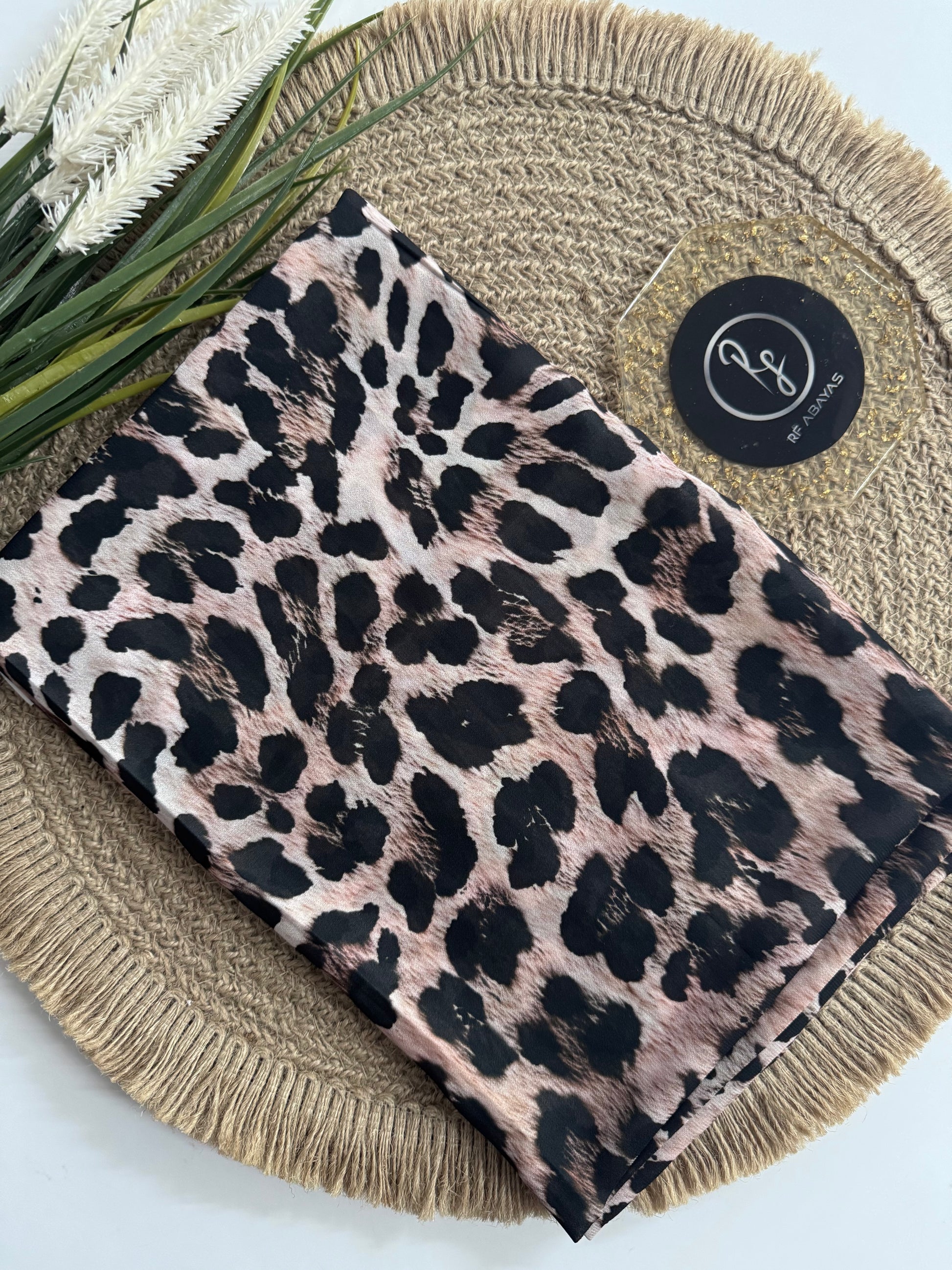 Animal print chiffon hijab by RF Abayas, featuring a stylish and lightweight hijab with a bold animal pattern and soft fabric.