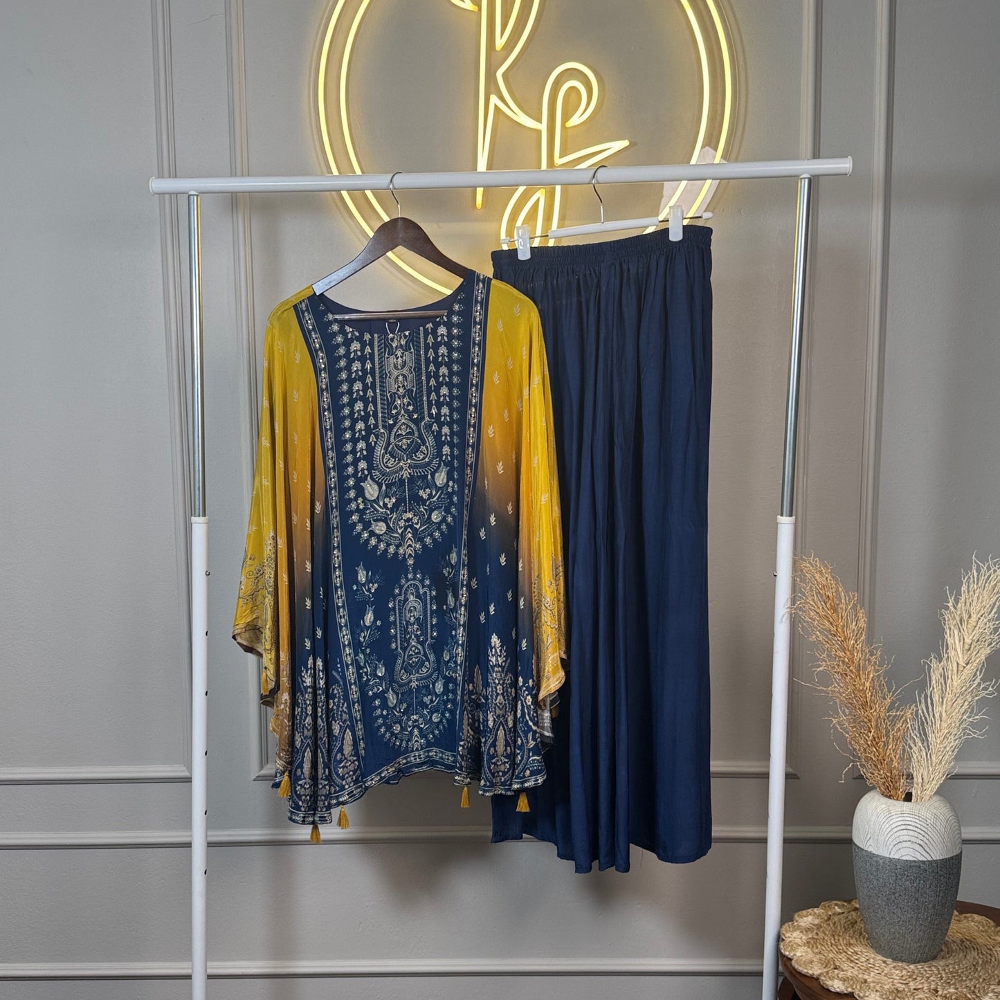 Navy Blue & Mustard Printed Crepe Party Wear Tunic & Palazzo Set