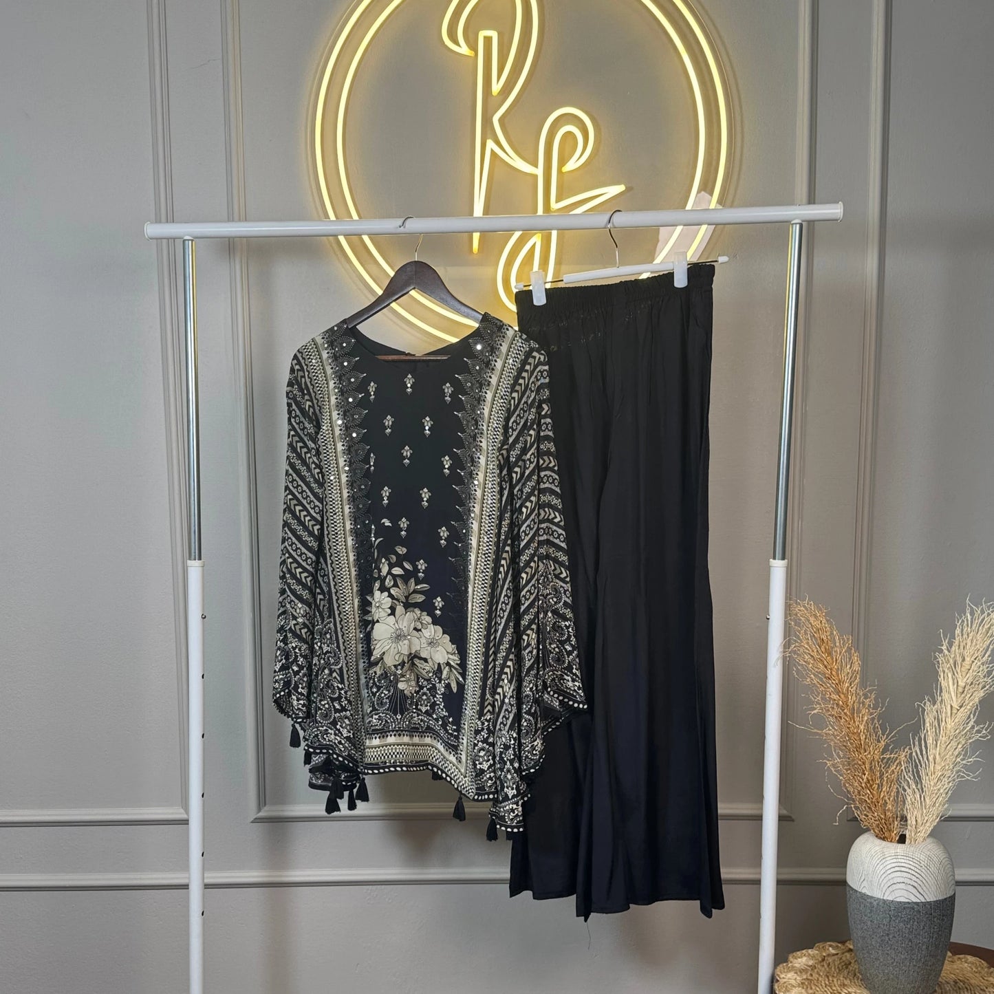 Black Printed Crepe Party Wear Tunic & Palazzo Set with Tassel Detail – M