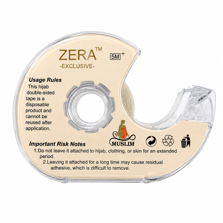 Back of Zera hijab double-sided tape dispenser with usage rules and care notes | RF Abayas