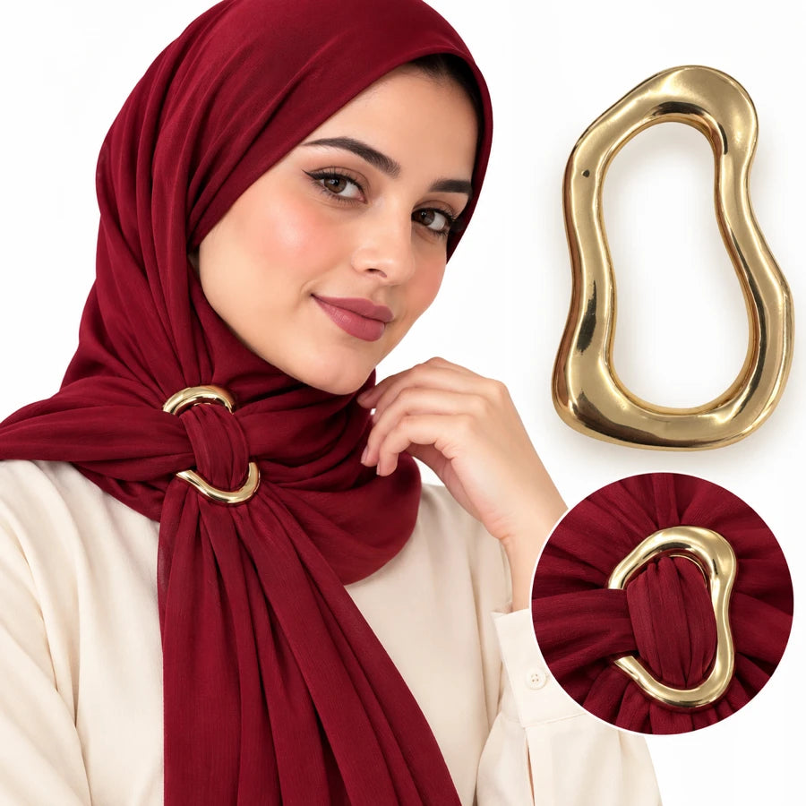 Gold hijab scarf buckle – wavy oval scarf ring worn on a maroon hijab with close-up views | RF Abayas