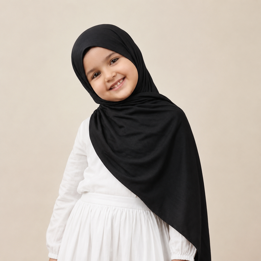 Kids jersey hijab in soft fabric, featuring a comfortable, stylish design by RF Abayas for young girls.