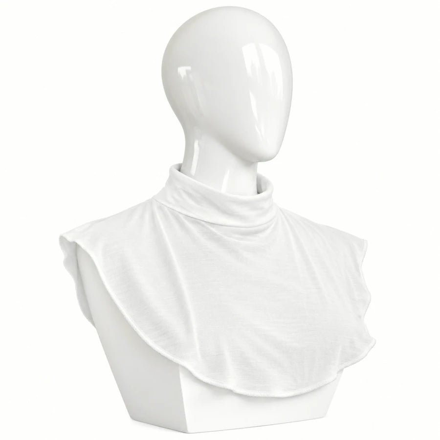 Milky white lightweight hijab neck cover with high neck and shoulder coverage, displayed on a white mannequin. Soft single-layer fabric with overlock stitched edges, available at RF Abayas & Hijabs.