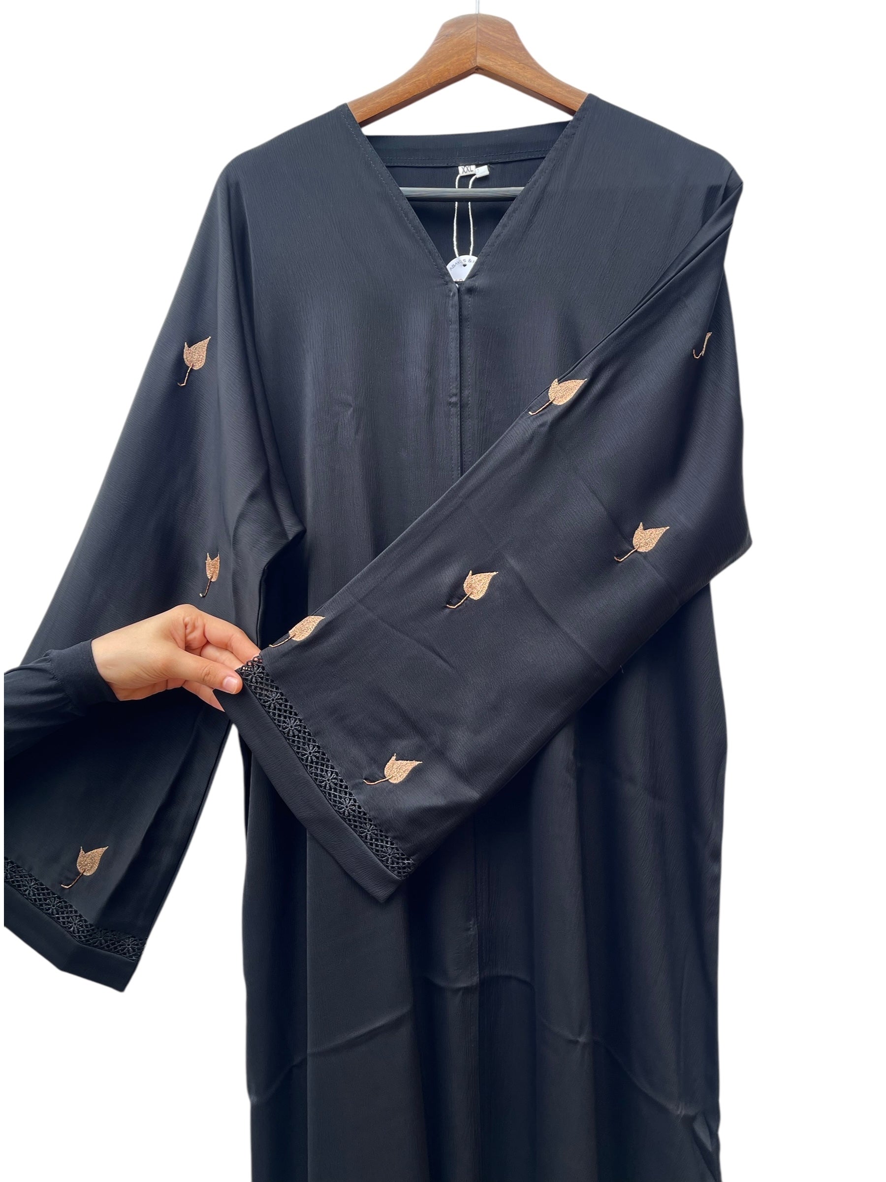 Black Abaya with Chikoo Embroidery on Sleeves and Back - RF Abayas
