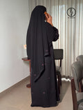 Black Nida Abaya with Dusty Pink Bow Embroidery and Piping, Abaya Shawl Included - RF Abayas