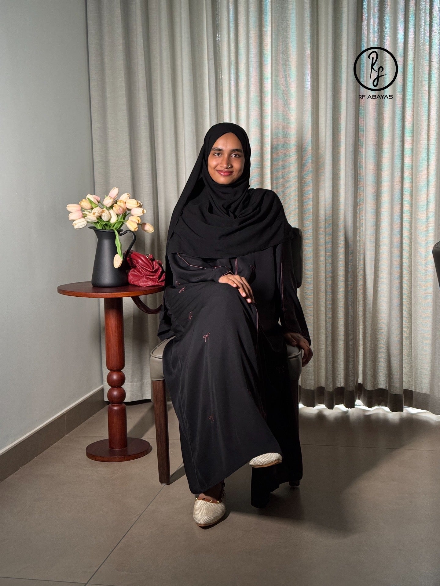 Black Nida Abaya with Dusty Pink Bow Embroidery and Piping, Abaya Shawl Included - RF Abayas