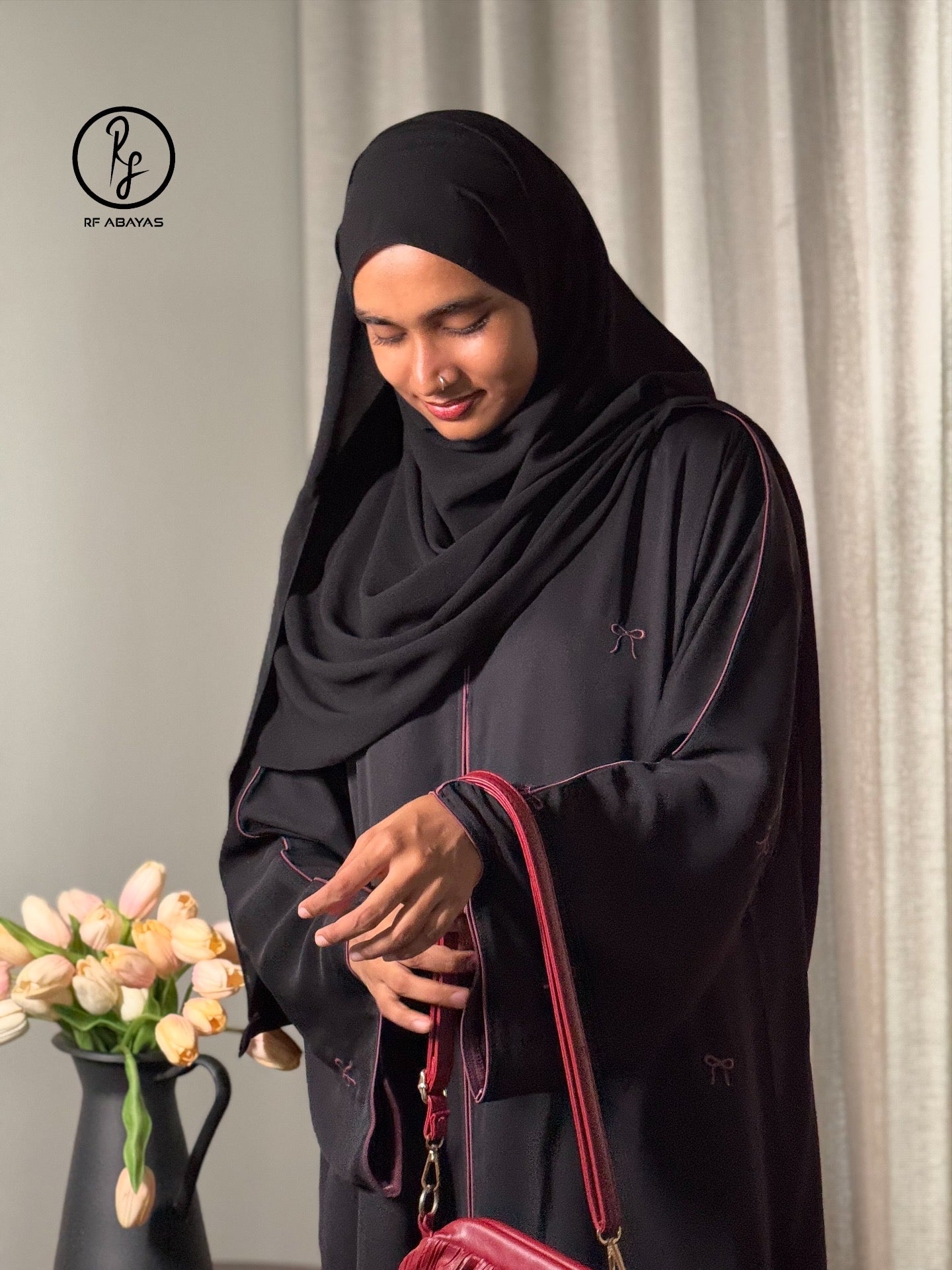 Black Nida Abaya with Dusty Pink Bow Embroidery and Piping, Abaya Shawl Included - RF Abayas