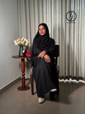 Black Nida Abaya with Dusty Pink Bow Embroidery and Piping, Abaya Shawl Included - RF Abayas