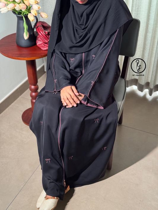 Black Nida Abaya with Dusty Pink Bow Embroidery and Piping, Abaya Shawl Included - RF Abayas