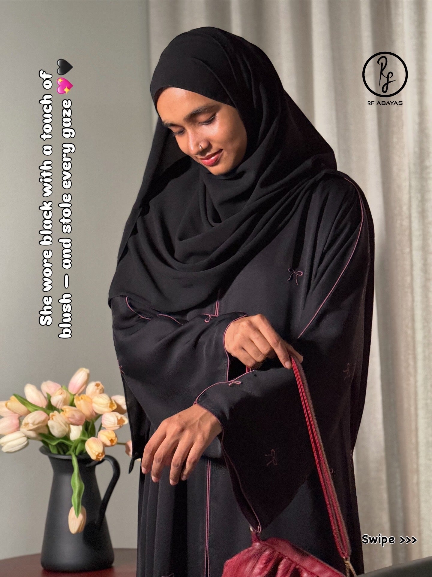 Black Nida Abaya with Dusty Pink Bow Embroidery and Piping, Abaya Shawl Included - RF Abayas