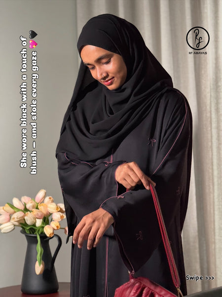 Black Nida Abaya with Dusty Pink Bow Embroidery and Piping, Abaya Shawl Included - RF Abayas