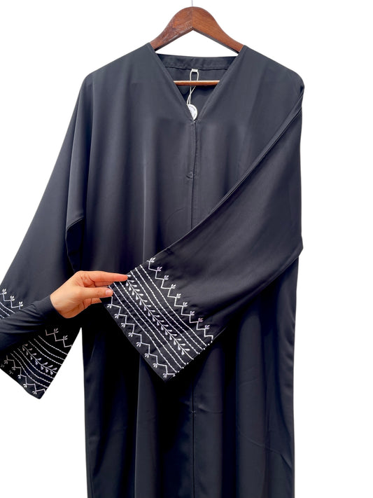 Black TikTok Abaya with White Embroidery - RF Abayas