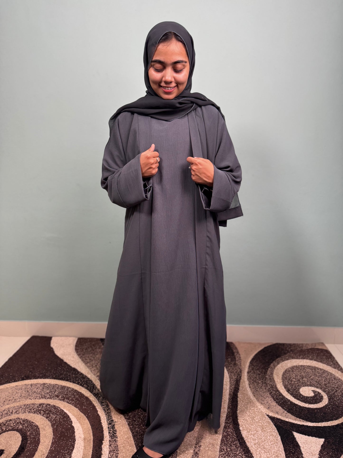 CEY Crush Overcoat Abaya Set - Dark Grey - RF Abayas